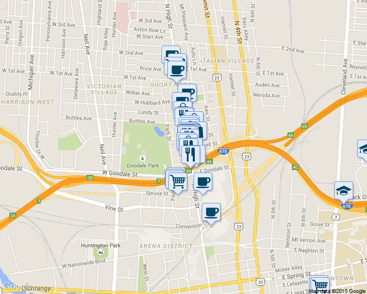 map of restaurants, bars, coffee shops, grocery stores, and more near 625 North High Street in Columbus