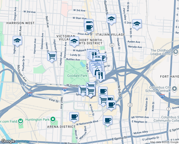 map of restaurants, bars, coffee shops, grocery stores, and more near 625 North High Street in Columbus