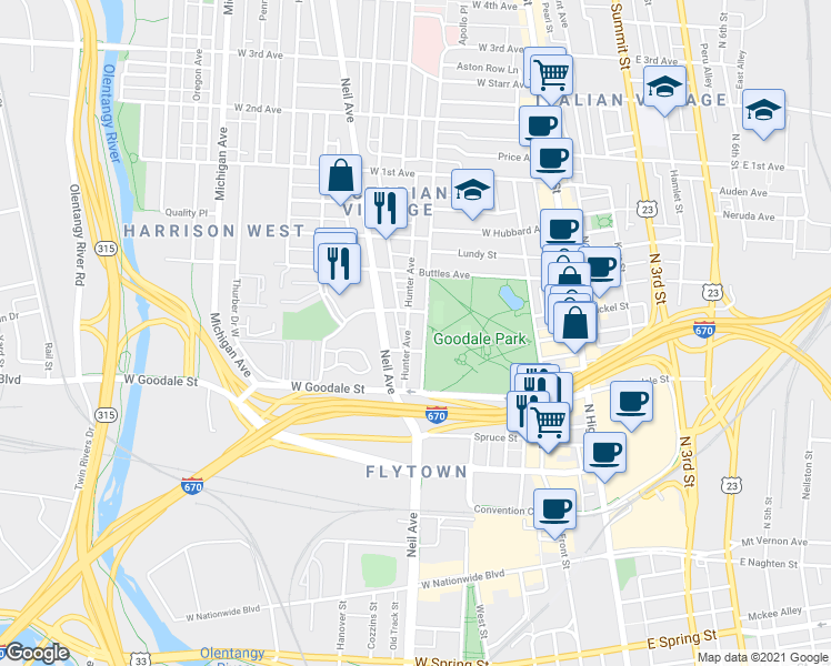 map of restaurants, bars, coffee shops, grocery stores, and more near 249 West Poplar Avenue in Columbus