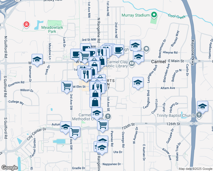 map of restaurants, bars, coffee shops, grocery stores, and more near 427 1st Avenue Southeast in Carmel