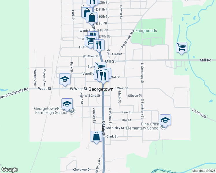 map of restaurants, bars, coffee shops, grocery stores, and more near 100-198 South Walnut Street in Georgetown