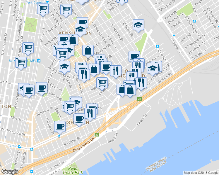 map of restaurants, bars, coffee shops, grocery stores, and more near 2310 Mercer Street in Philadelphia