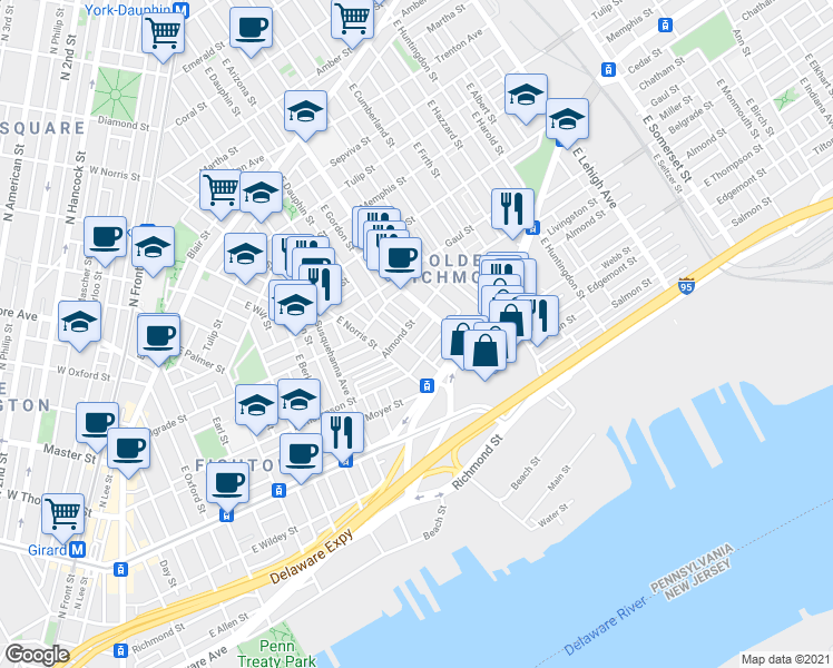 map of restaurants, bars, coffee shops, grocery stores, and more near 2310 Mercer Street in Philadelphia