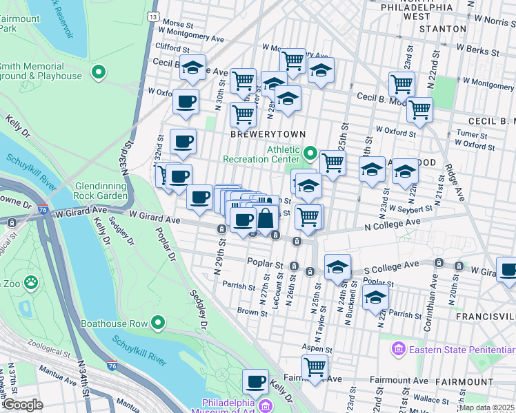 map of restaurants, bars, coffee shops, grocery stores, and more near 1245 North 28th Street in Philadelphia