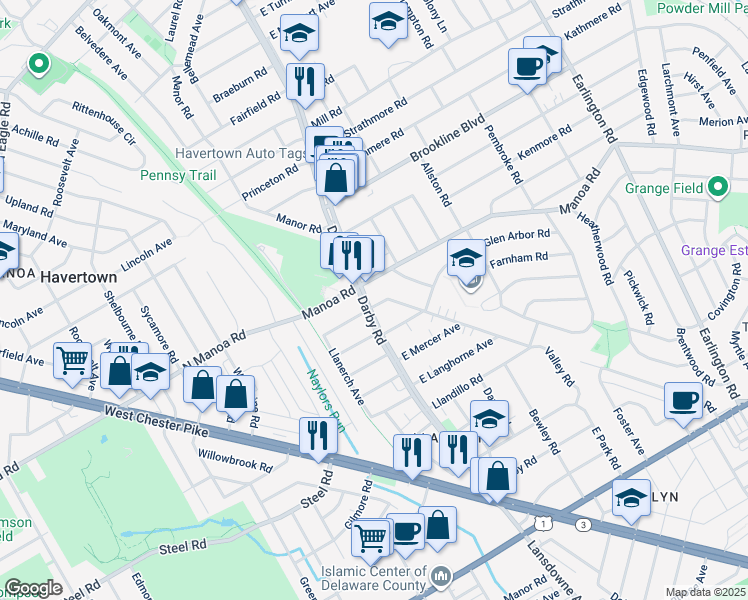 map of restaurants, bars, coffee shops, grocery stores, and more near 903 Darby Road in Havertown