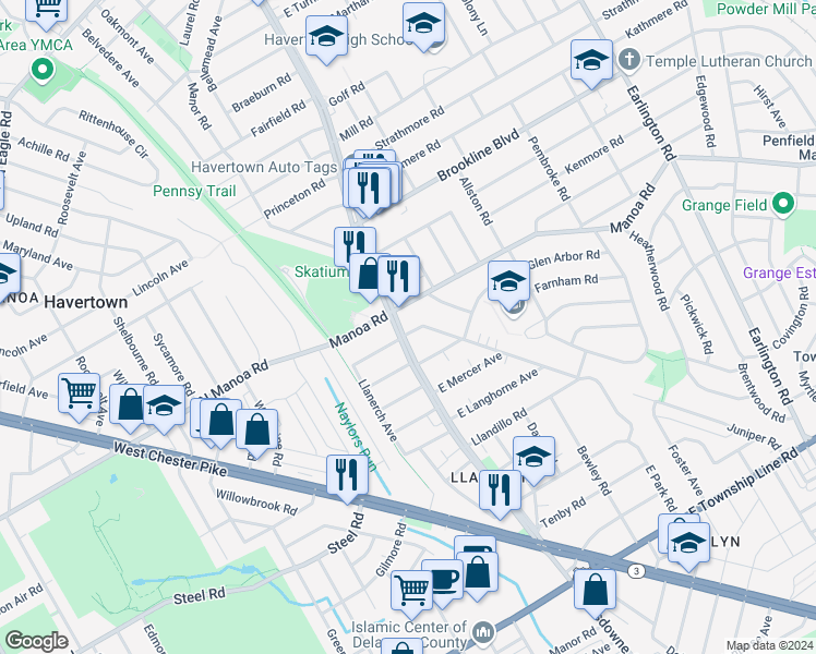 map of restaurants, bars, coffee shops, grocery stores, and more near 903 Darby Road in Havertown