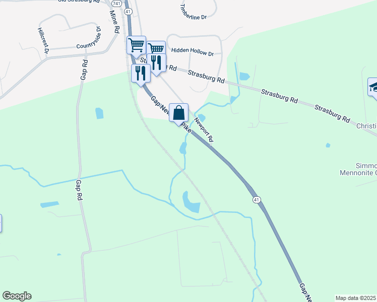 map of restaurants, bars, coffee shops, grocery stores, and more near 106 Pennsylvania 41 in Gap