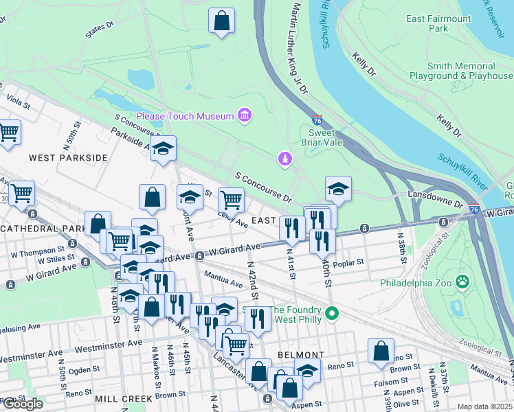 map of restaurants, bars, coffee shops, grocery stores, and more near 4130 Parkside Avenue in Philadelphia