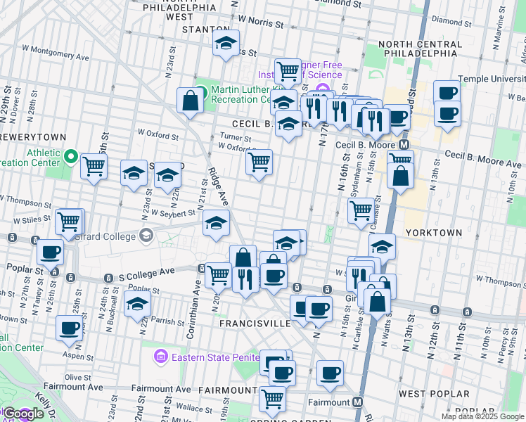 map of restaurants, bars, coffee shops, grocery stores, and more near 1839 Master Street in Philadelphia