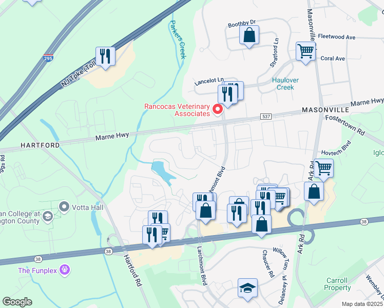 map of restaurants, bars, coffee shops, grocery stores, and more near 8403 Normandy Drive in Mount Laurel Township