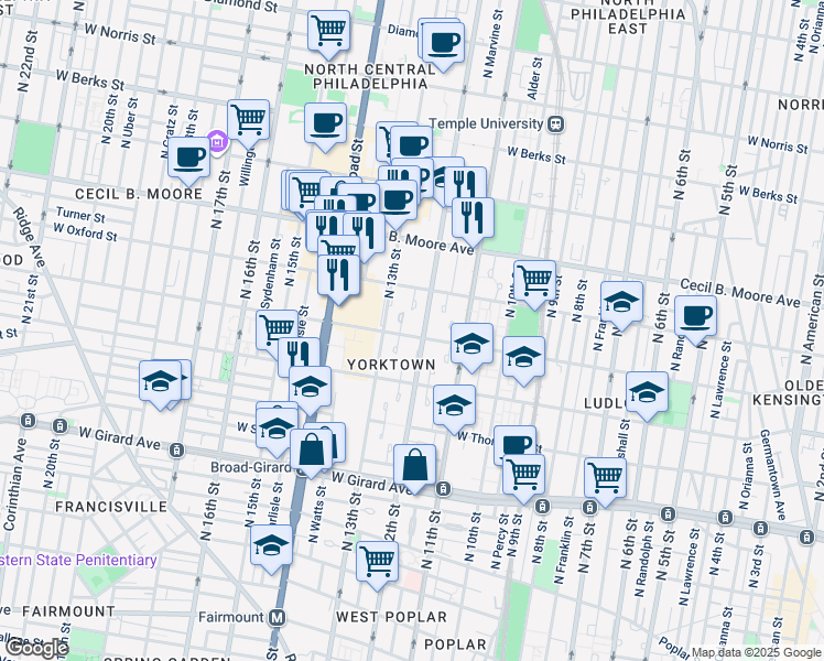 map of restaurants, bars, coffee shops, grocery stores, and more near 1211 West Jefferson Street in Philadelphia