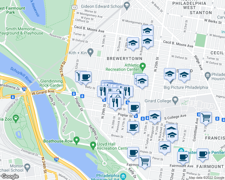 map of restaurants, bars, coffee shops, grocery stores, and more near 1245 North Dover Street in Philadelphia