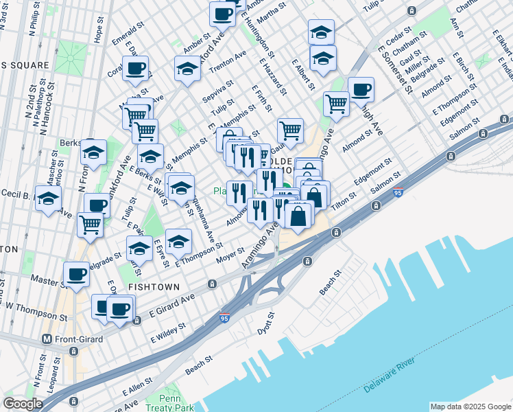 map of restaurants, bars, coffee shops, grocery stores, and more near 2216 East Thompson Street in Philadelphia