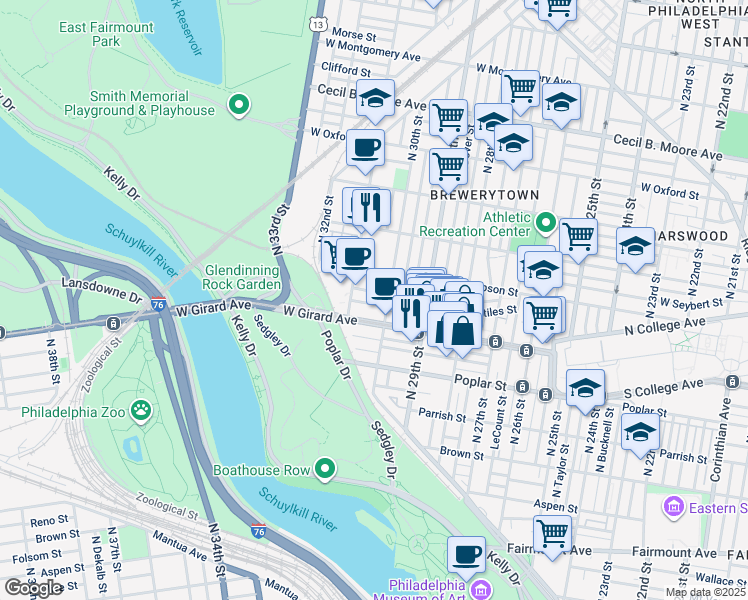 map of restaurants, bars, coffee shops, grocery stores, and more near 3019 West Stiles Street in Philadelphia