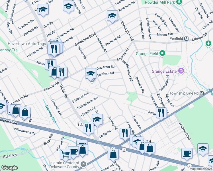 map of restaurants, bars, coffee shops, grocery stores, and more near 202 Wickford Road in Havertown