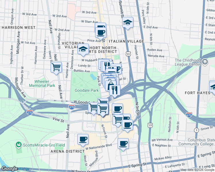 map of restaurants, bars, coffee shops, grocery stores, and more near 625 North High Street in Columbus
