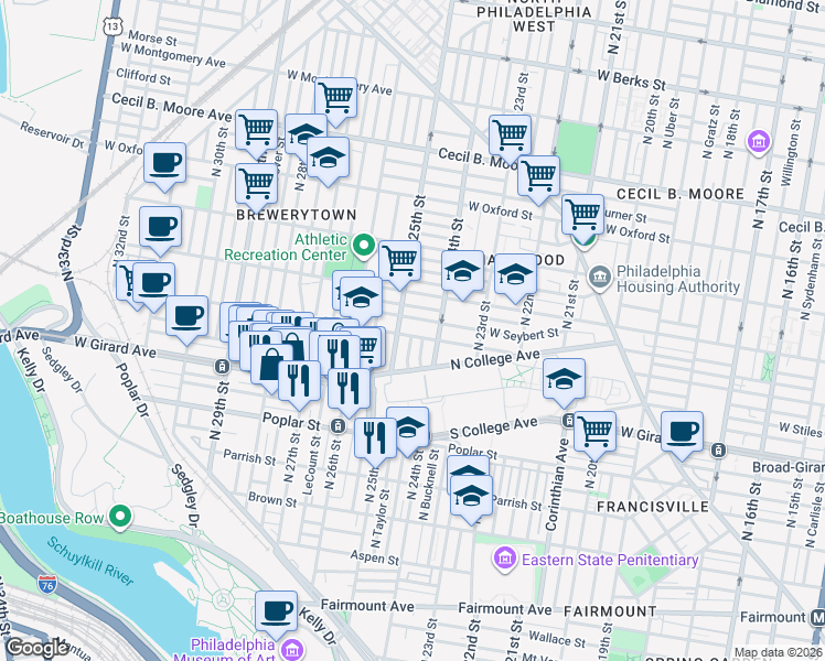 map of restaurants, bars, coffee shops, grocery stores, and more near 1217 North 25th Street in Philadelphia