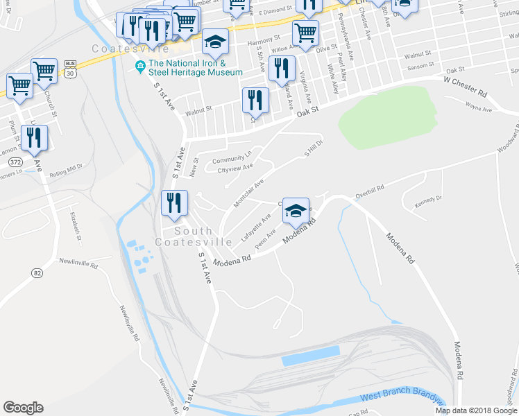 map of restaurants, bars, coffee shops, grocery stores, and more near 41 Remington Avenue in Coatesville