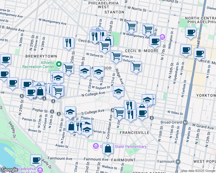 map of restaurants, bars, coffee shops, grocery stores, and more near 2109 West Seybert Street in Philadelphia