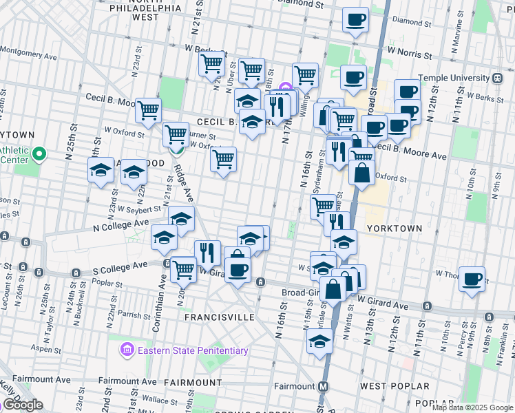 map of restaurants, bars, coffee shops, grocery stores, and more near 1730 Master Street in Philadelphia