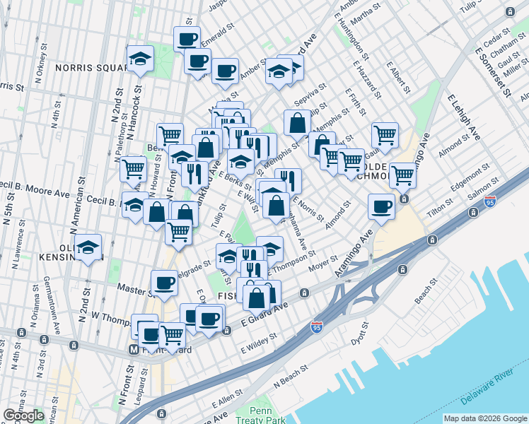 map of restaurants, bars, coffee shops, grocery stores, and more near 1431 East Montgomery Avenue in Philadelphia