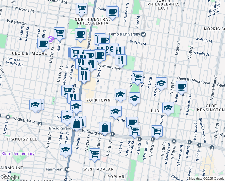 map of restaurants, bars, coffee shops, grocery stores, and more near 1510 Guilford Place in Philadelphia