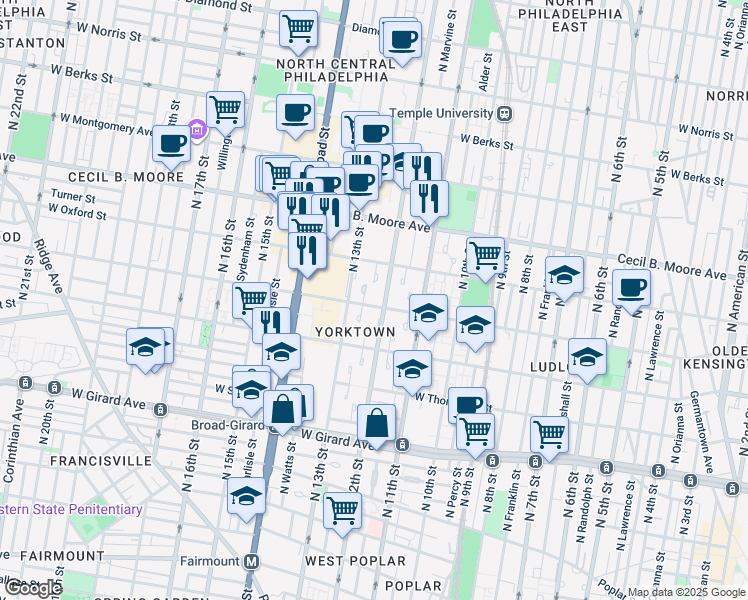 map of restaurants, bars, coffee shops, grocery stores, and more near 1211 West Jefferson Street in Philadelphia
