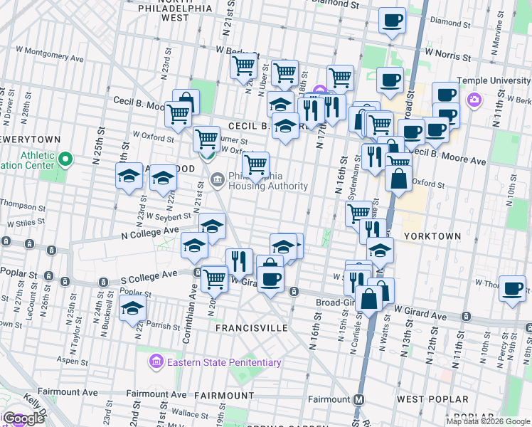 map of restaurants, bars, coffee shops, grocery stores, and more near in Philadelphia