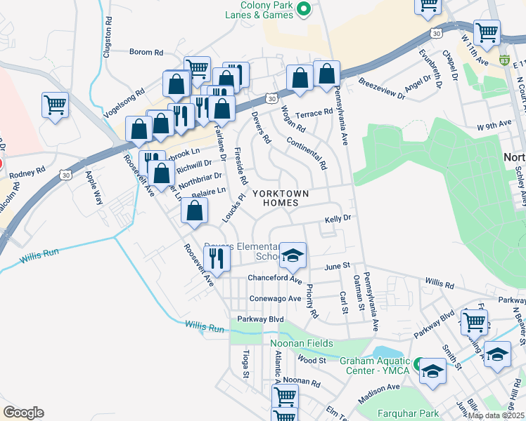 map of restaurants, bars, coffee shops, grocery stores, and more near 852 Gunnison Road in York