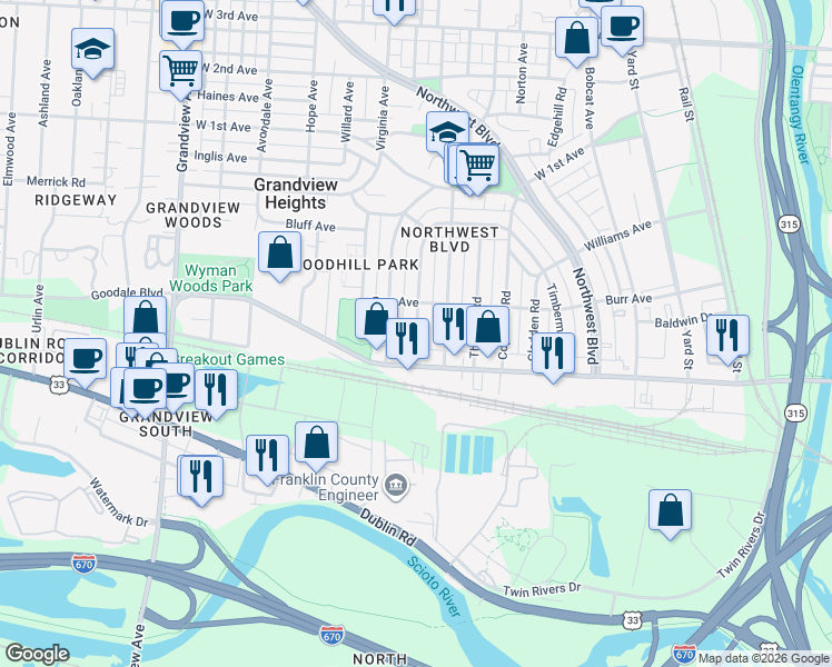 map of restaurants, bars, coffee shops, grocery stores, and more near 1180 Goodale Boulevard in Columbus