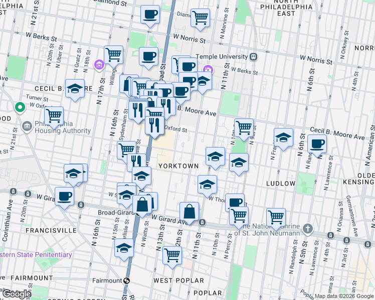 map of restaurants, bars, coffee shops, grocery stores, and more near 1213 West Jefferson Street in Philadelphia