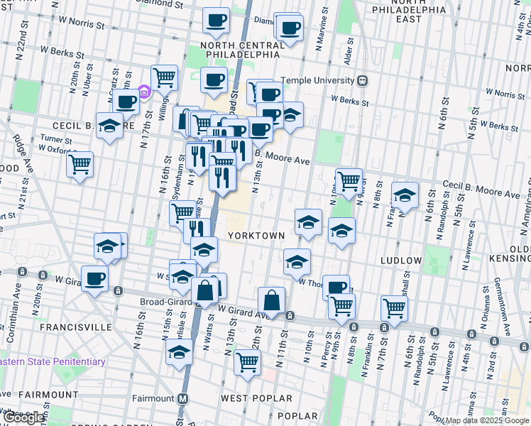 map of restaurants, bars, coffee shops, grocery stores, and more near 1219 West Jefferson Street in Philadelphia
