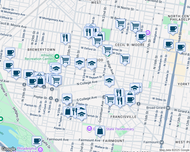 map of restaurants, bars, coffee shops, grocery stores, and more near 1315 North 22nd Street in Philadelphia