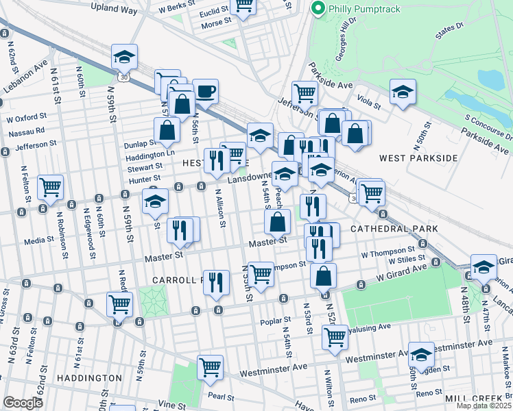 map of restaurants, bars, coffee shops, grocery stores, and more near 5423 Media Street in Philadelphia