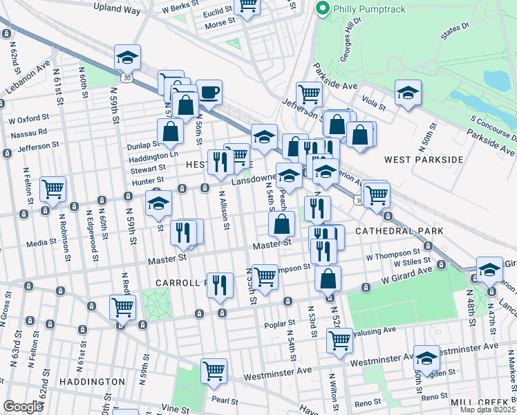 map of restaurants, bars, coffee shops, grocery stores, and more near 5427 Media Street in Philadelphia