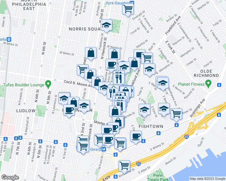 map of restaurants, bars, coffee shops, grocery stores, and more near 1710 North Hope Street in Philadelphia