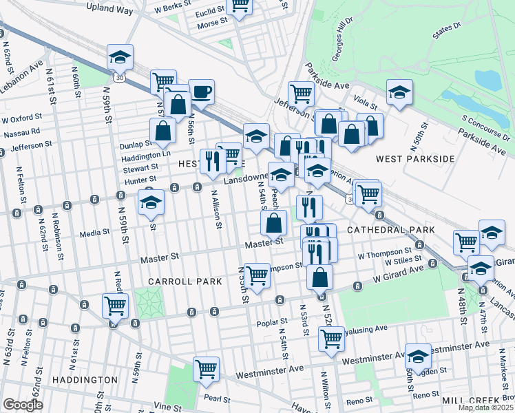map of restaurants, bars, coffee shops, grocery stores, and more near 5411 Media Street in Philadelphia