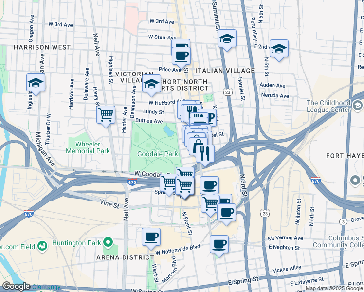 map of restaurants, bars, coffee shops, grocery stores, and more near 625 North High Street in Columbus