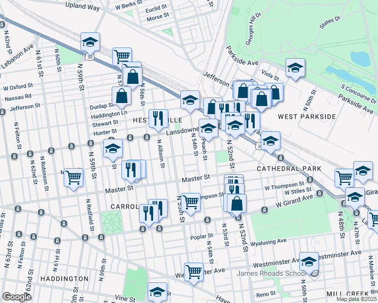map of restaurants, bars, coffee shops, grocery stores, and more near 5417 Media Street in Philadelphia