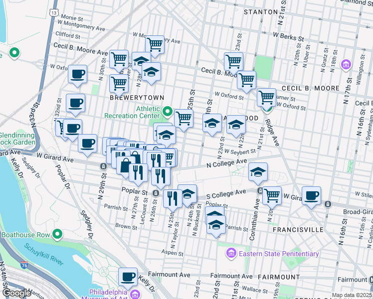 map of restaurants, bars, coffee shops, grocery stores, and more near 1217 North 25th Street in Philadelphia