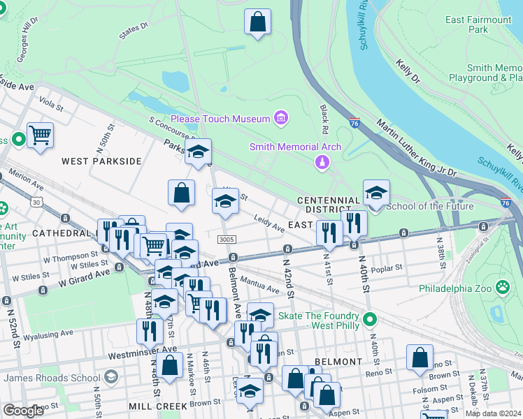 map of restaurants, bars, coffee shops, grocery stores, and more near 4206 Viola Street in Philadelphia
