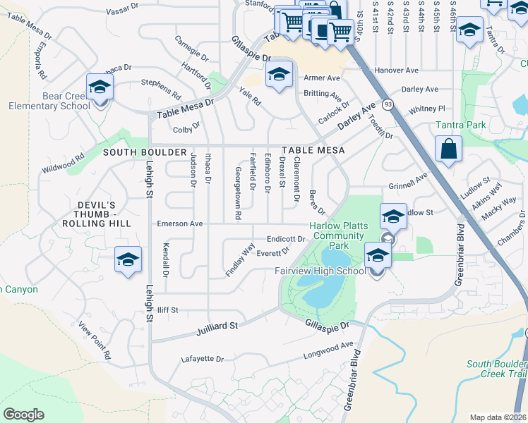 map of restaurants, bars, coffee shops, grocery stores, and more near 1365 Edinboro Drive in Boulder