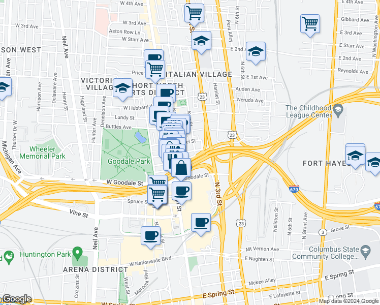 map of restaurants, bars, coffee shops, grocery stores, and more near 57 East Russell Street in Columbus