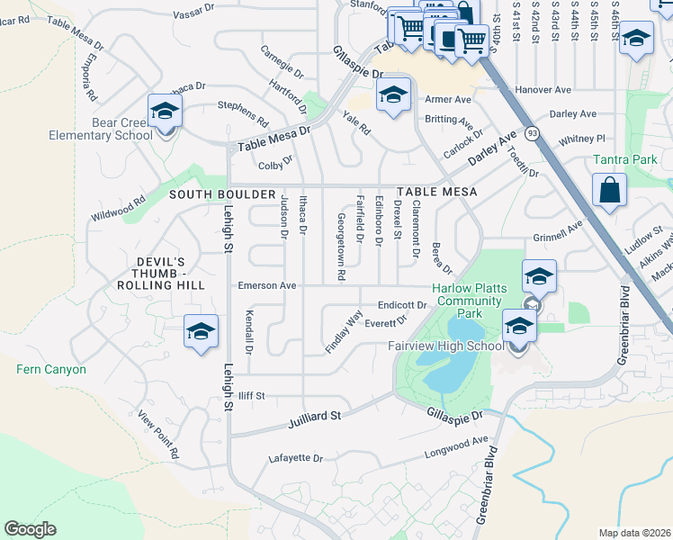 map of restaurants, bars, coffee shops, grocery stores, and more near 3190 Emerson Avenue in Boulder