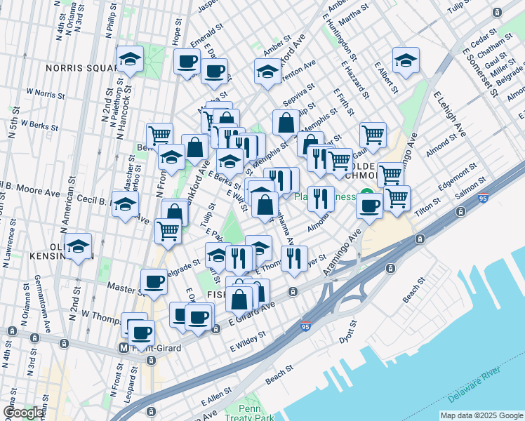 map of restaurants, bars, coffee shops, grocery stores, and more near 701 Gaul Street in Philadelphia