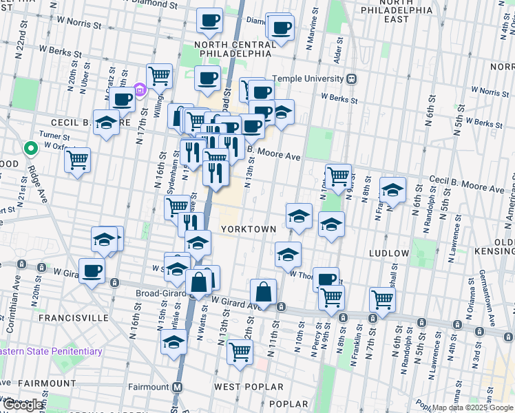 map of restaurants, bars, coffee shops, grocery stores, and more near 1219 West Jefferson Street in Philadelphia