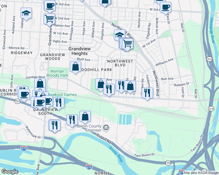 map of restaurants, bars, coffee shops, grocery stores, and more near 1244 Goodale Boulevard in Columbus