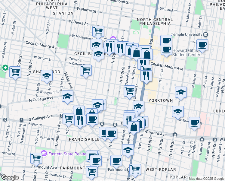 map of restaurants, bars, coffee shops, grocery stores, and more near 1416 Willington Street in Philadelphia