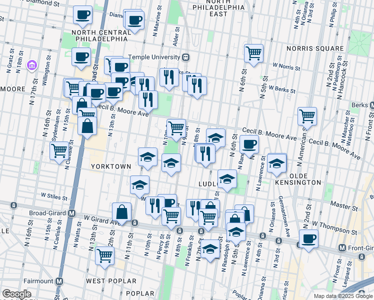 map of restaurants, bars, coffee shops, grocery stores, and more near 1540 North Darien Street in Philadelphia