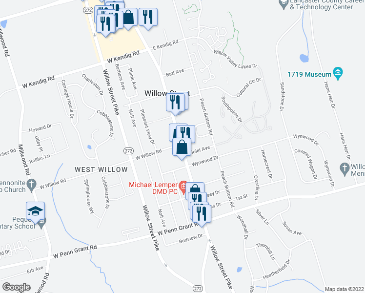 map of restaurants, bars, coffee shops, grocery stores, and more near 2843B Willow Street Pike in Willow Street